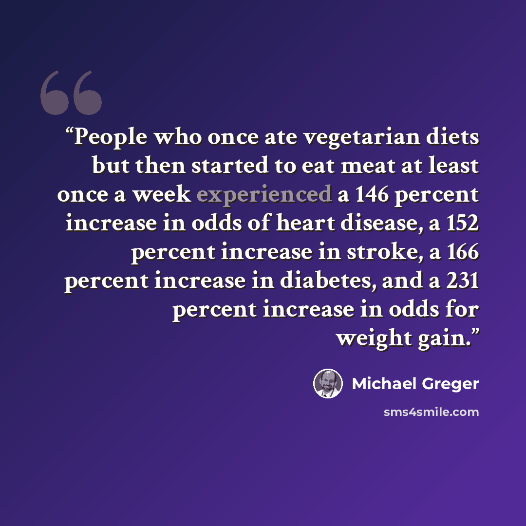 “People who once ate vegetarian diets but then started to eat meat at least once a week experienced a 146 percent increase in odds of heart disease, a 152 percent increase in stroke, a 166 percent increase in diabetes, and a 231 percent increase in odds for weight gain.” quote by Michael Greger