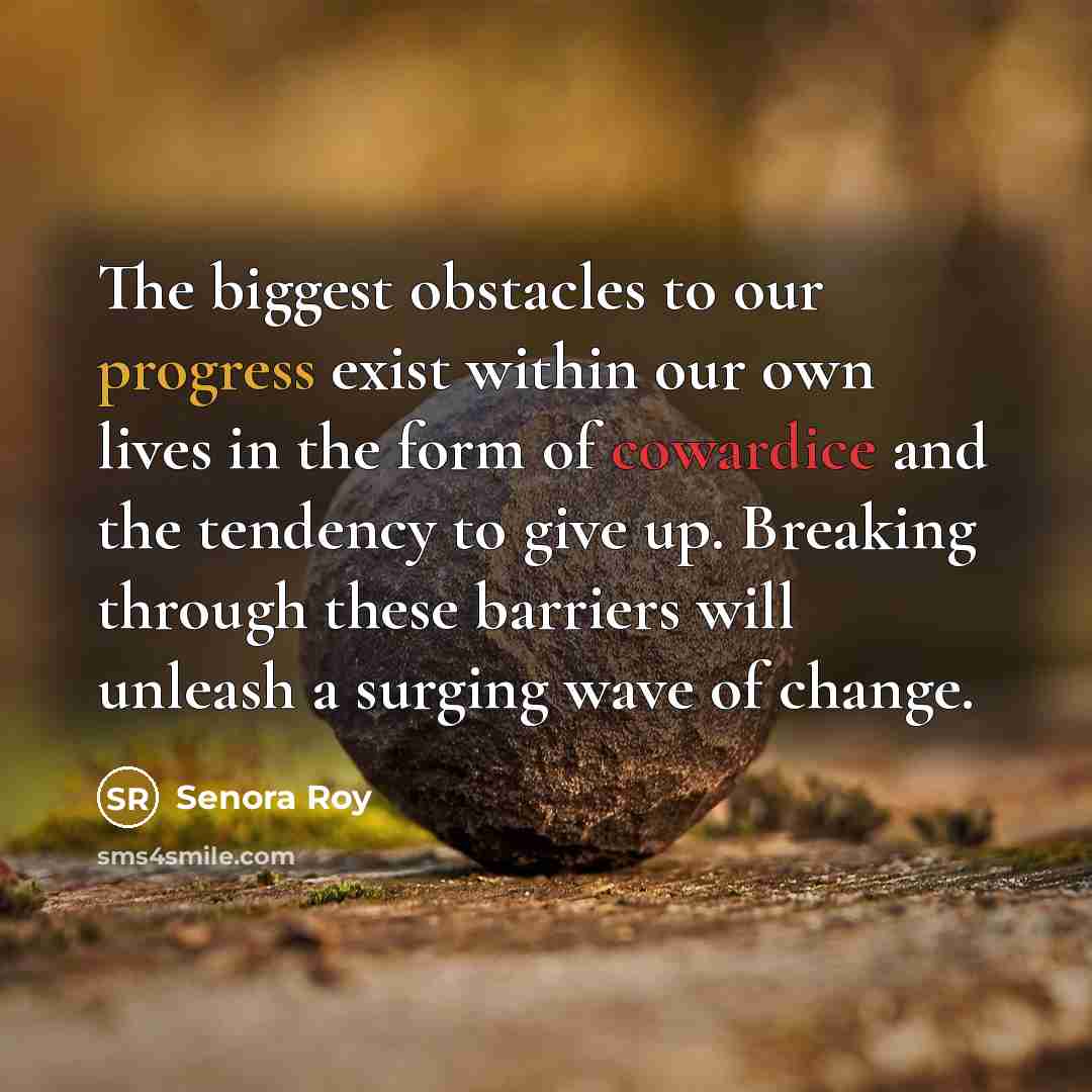 “The biggest obstacles to our progress exist within our own lives in the form of cowardice and the tendency to give up. Breaking through these barriers will unleash a surging wave of change.” quote by Senora Roy