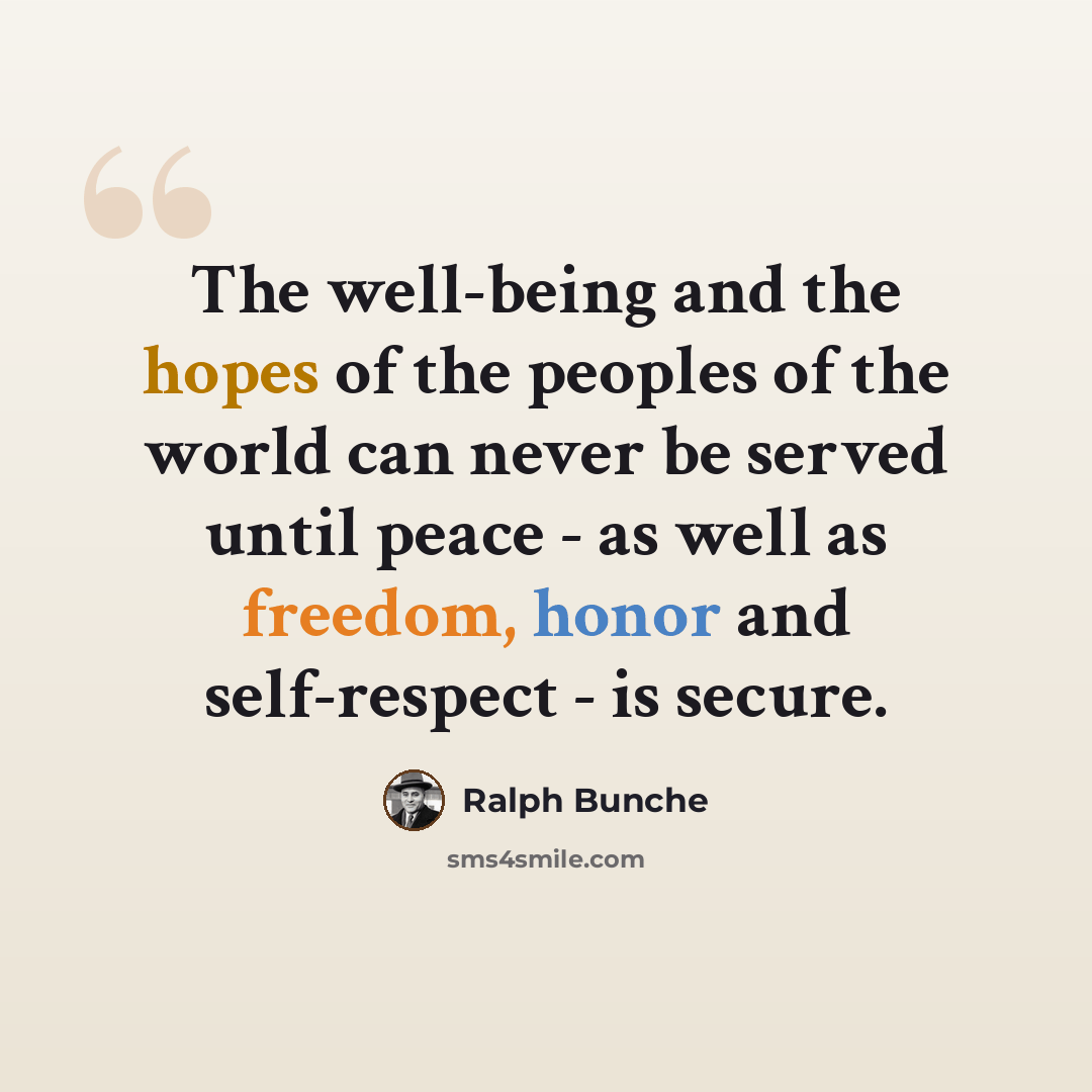 “The well-being and the hopes of the peoples of the world can never be served until peace - as well as freedom, honor and self-respect - is secure.” quote by Ralph Bunche