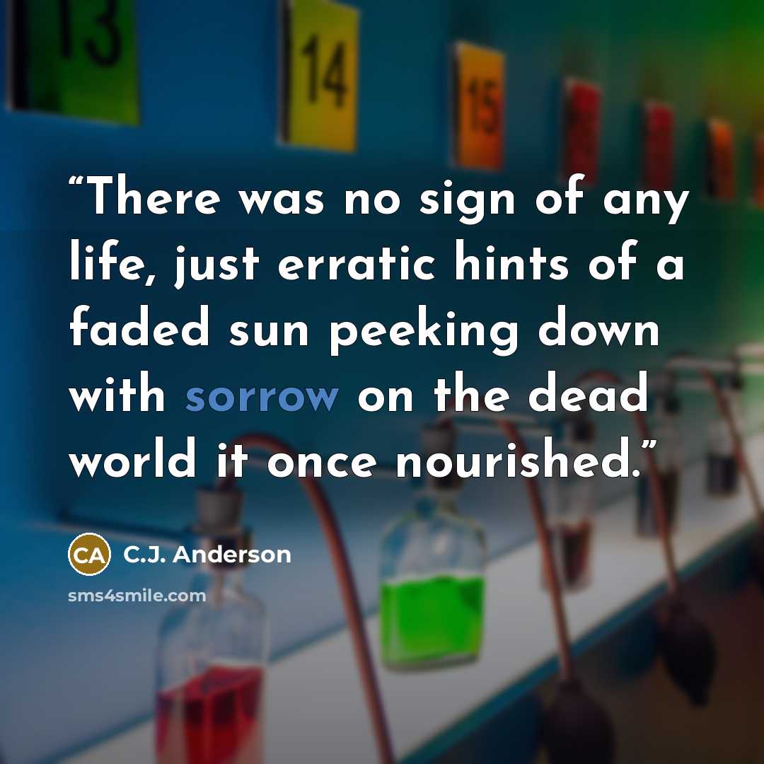 “There was no sign of any life, just erratic hints of a faded sun peeking down with sorrow on the dead world it once nourished.” quote by C.J. Anderson