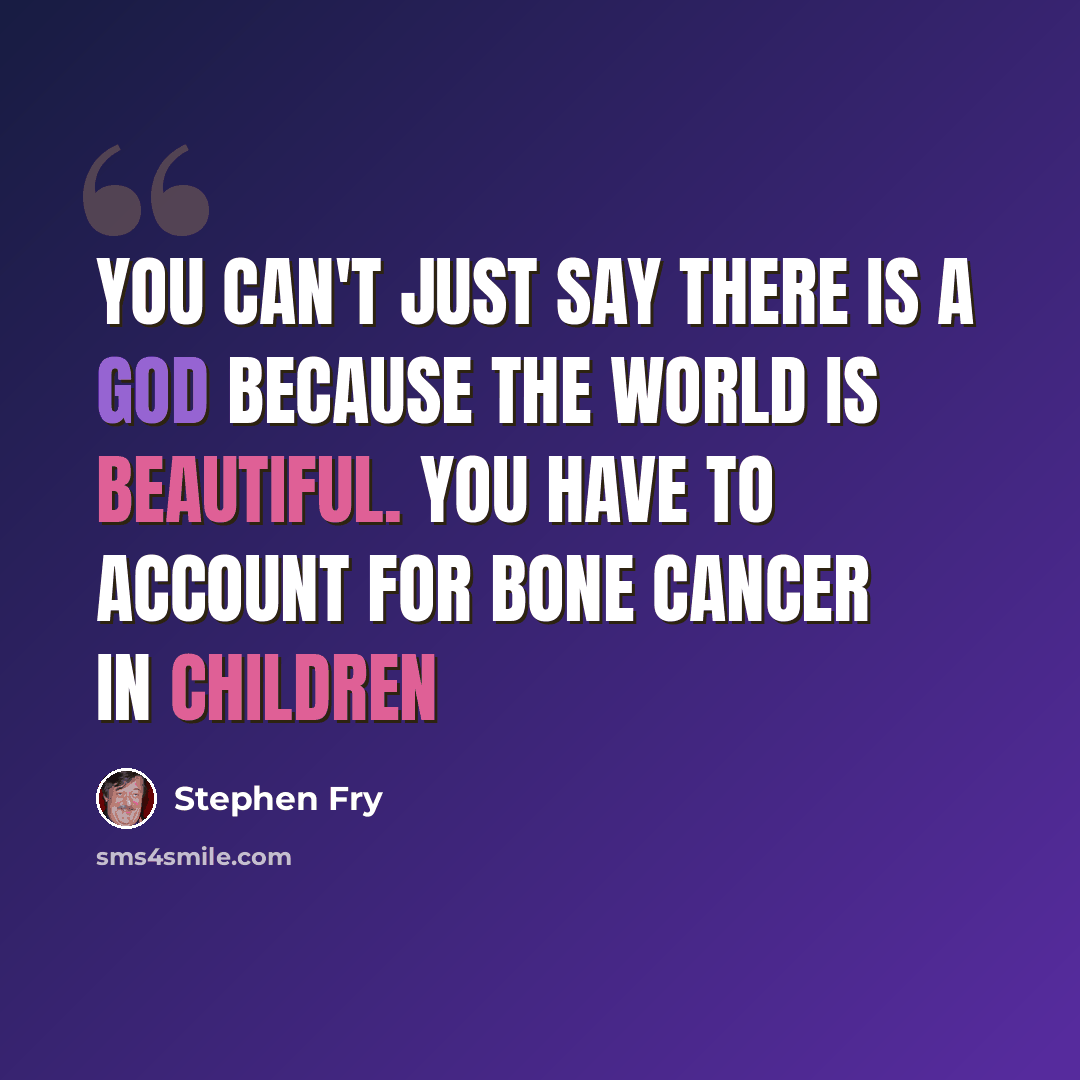“You can't just say there is a god because the world is beautiful. You have to account for bone cancer in children” quote by Stephen Fry