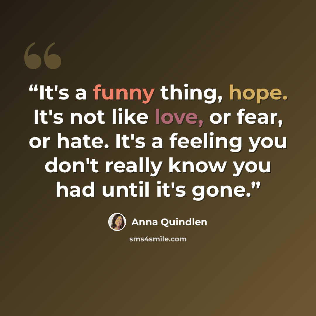 “It's a funny thing, hope. It's not like love, or fear, or hate. It's a feeling you don't really know you had until it's gone.” quote by Anna Quindlen