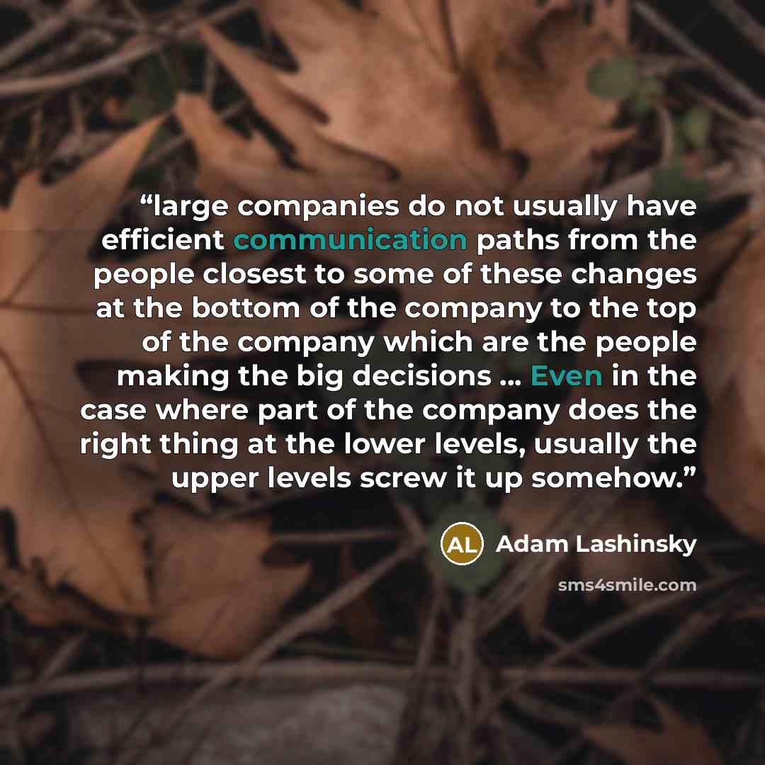 “large companies do not usually have efficient communication paths from the people closest to some of these changes at the bottom of the company to the top of the company which are the people making the big decisions … Even in the case where part of the company does the right thing at the lower…” quote by Adam Lashinsky