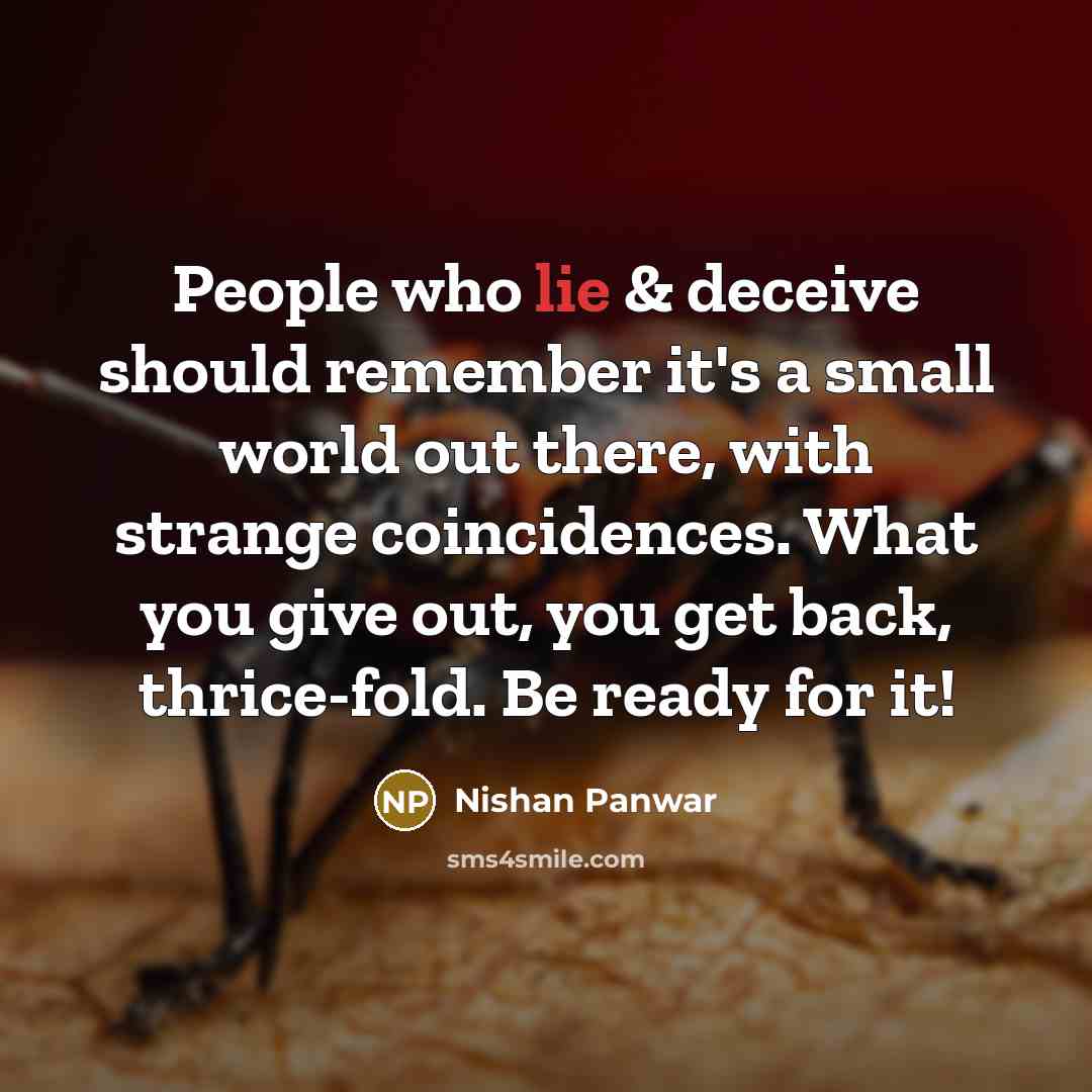“People who lie & deceive should remember it's a small world out there, with strange coincidences. What you give out, you get back, thrice-fold. Be ready for it!” quote by Nishan Panwar