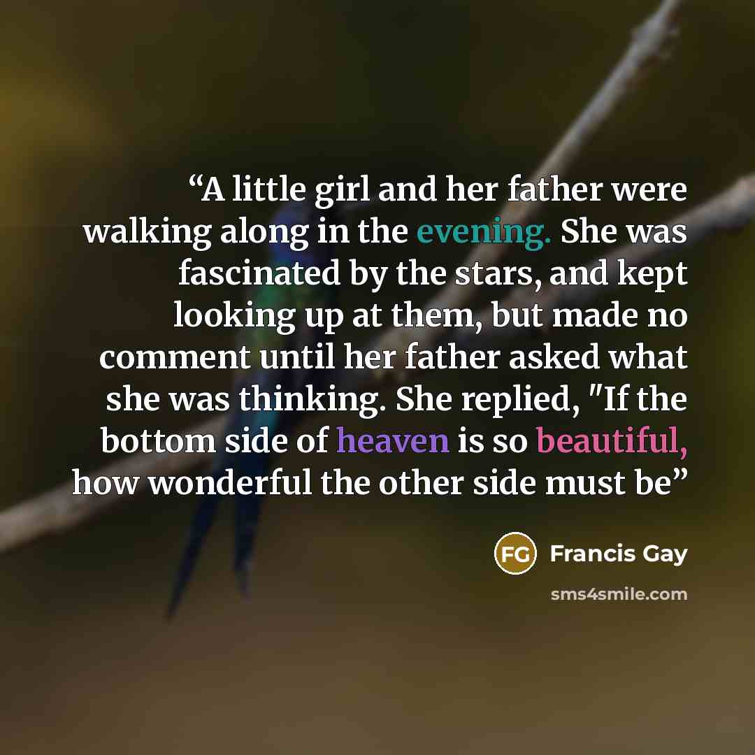 “A little girl and her father were walking along in the evening. She was fascinated by the stars, and kept looking up at them, but made no comment until her father asked what she was thinking. She replied, "If the bottom side of heaven is so beautiful, how wonderful the other side must be” quote by Francis Gay