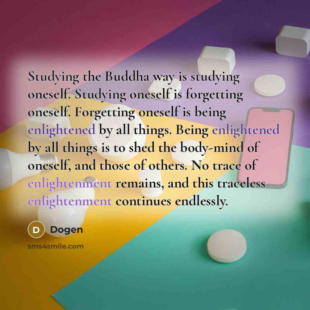“Studying the Buddha way is studying oneself. Studying oneself is forgetting oneself. Forgetting oneself is being enlightened by all things. Being enlightened by all things is to shed the body-mind of oneself, and those of others. No trace of enlightenment remains, and this traceless enlightenment…” quote by Dogen