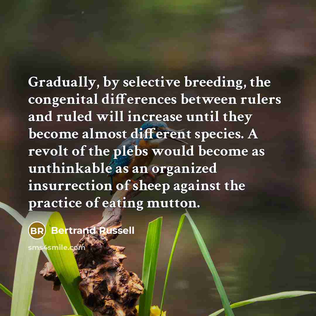 “Gradually, by selective breeding, the congenital differences between rulers and ruled will increase until they become almost different species. A revolt of the plebs would become as unthinkable as an organized insurrection of sheep against the practice of eating mutton.” quote by Bertrand Russell