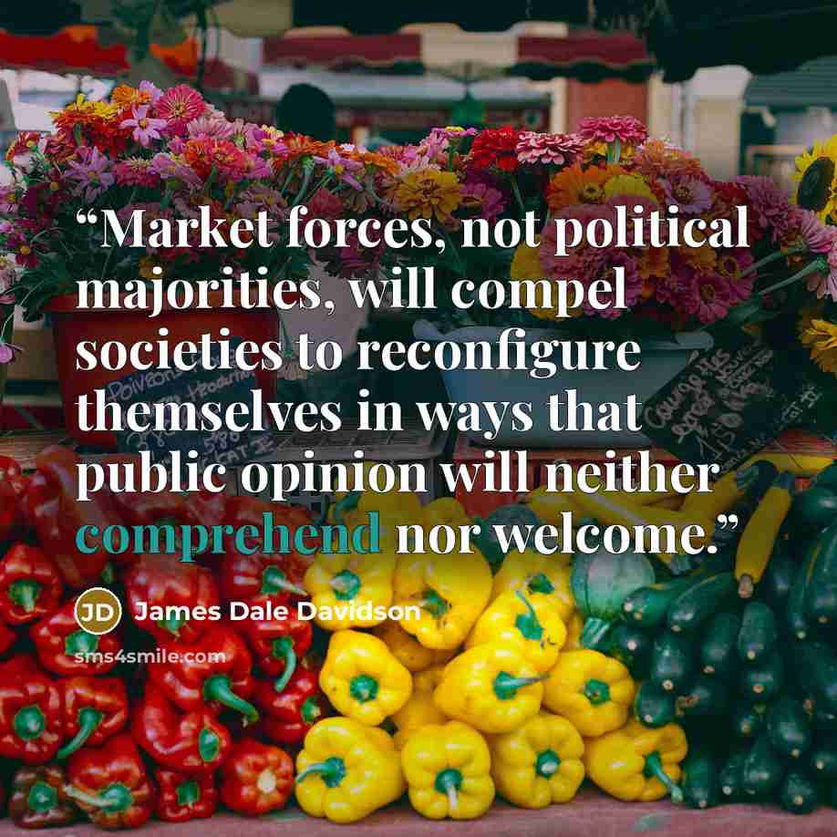 “Market forces, not political majorities, will compel societies to reconfigure themselves in ways that public opinion will neither comprehend nor welcome.” quote by James Dale Davidson