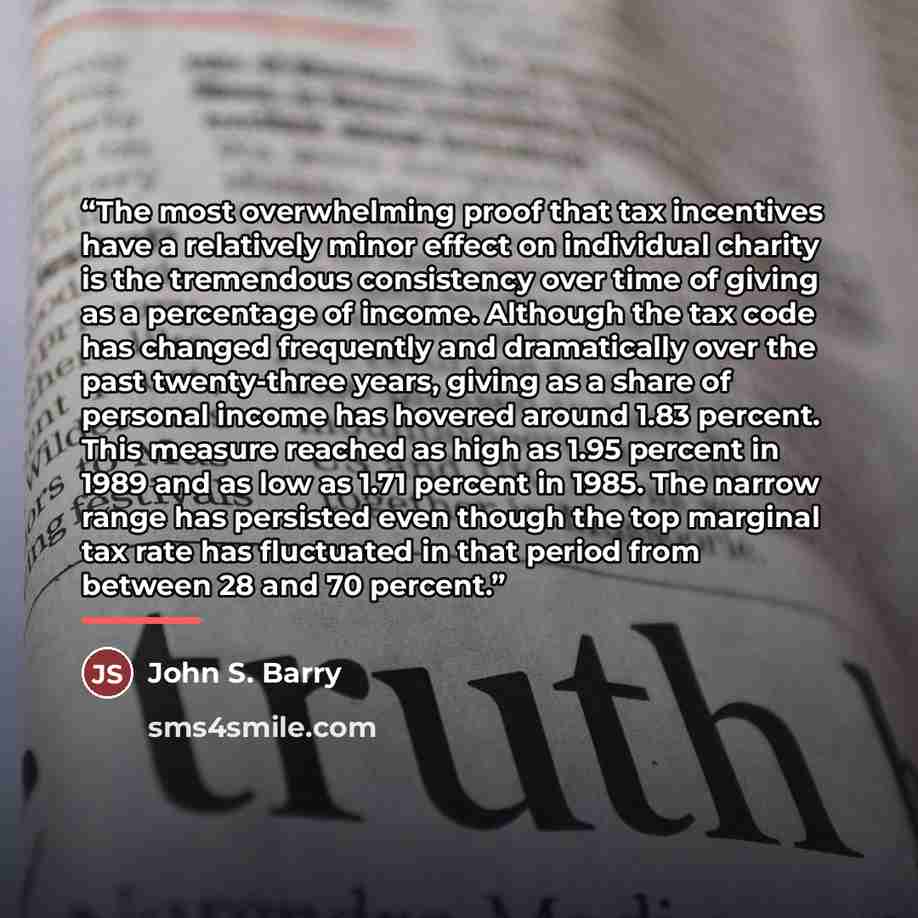“The most overwhelming proof that tax incentives have a relatively minor effect on individual charity is the tremendous consistency over time of giving as a percentage of income. Although the tax code has changed frequently and dramatically over the past twenty-three years, giving as a share of…” quote by John S. Barry