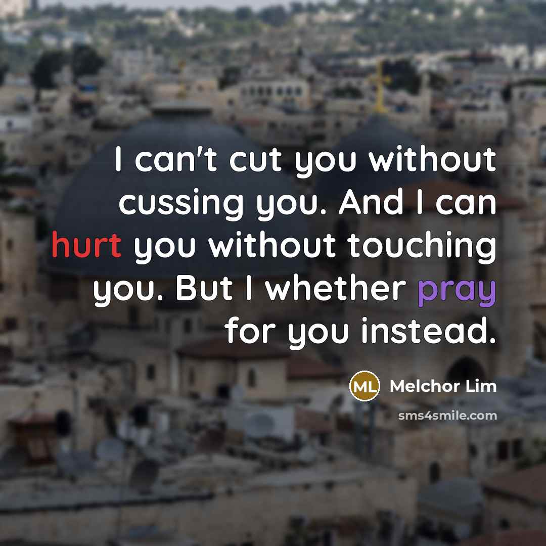“I can't cut you without cussing you. And I can hurt you without touching you. But I whether pray for you instead.” quote by Melchor Lim