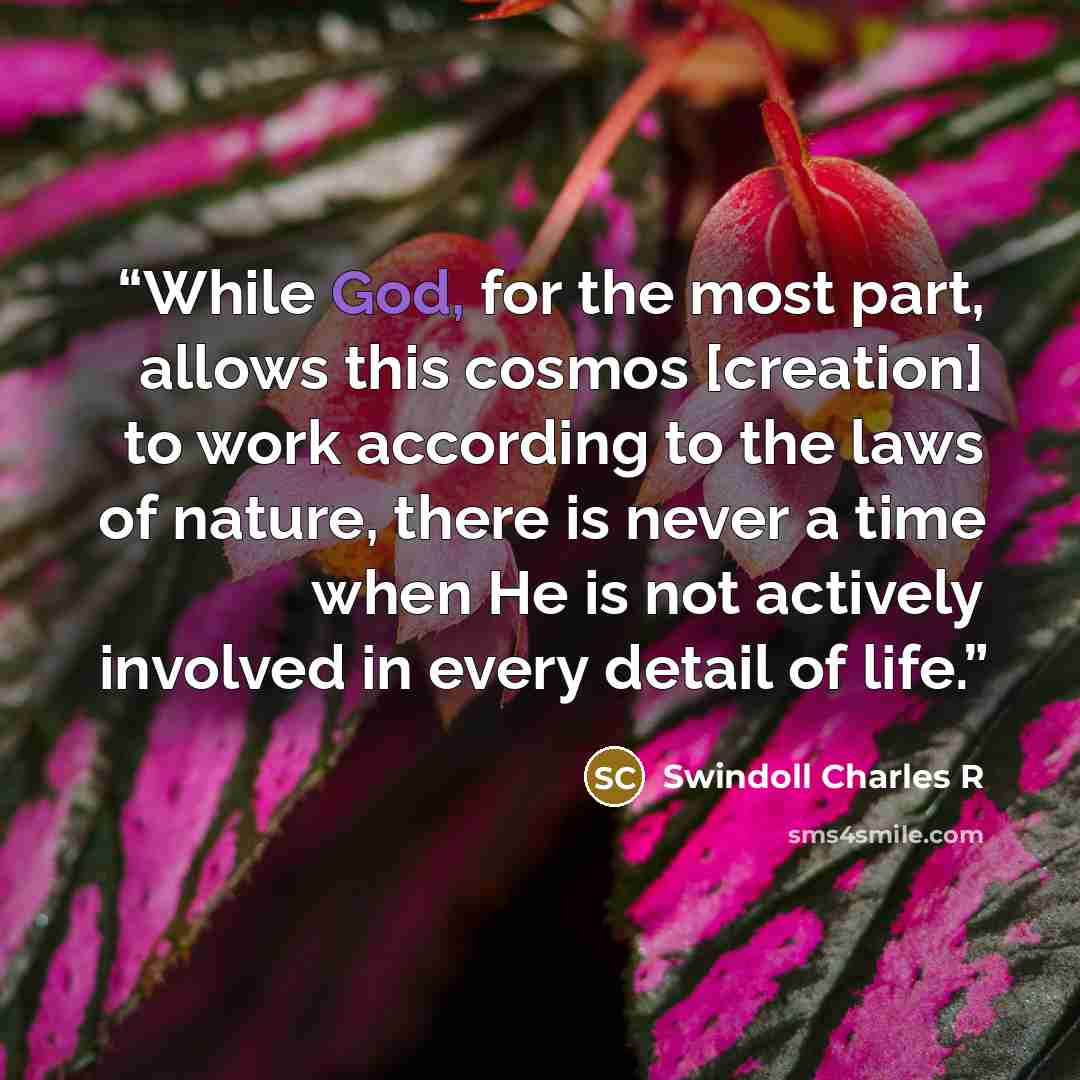 “While God, for the most part, allows this cosmos [creation] to work according to the laws of nature, there is never a time when He is not actively involved in every detail of life.” quote by Swindoll Charles R