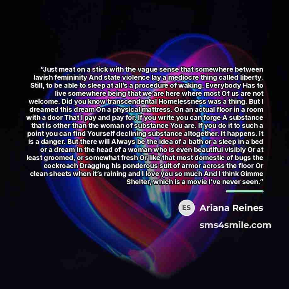 “Just meat on a stick with the vague sense that somewhere between lavish femininity And state violence lay a mediocre thing called liberty. Still, to be able to sleep at all’s a procedure of waking. Everybody Has to live somewhere being that we are here where most Of us are not welcome. Did you…” quote by Ariana Reines