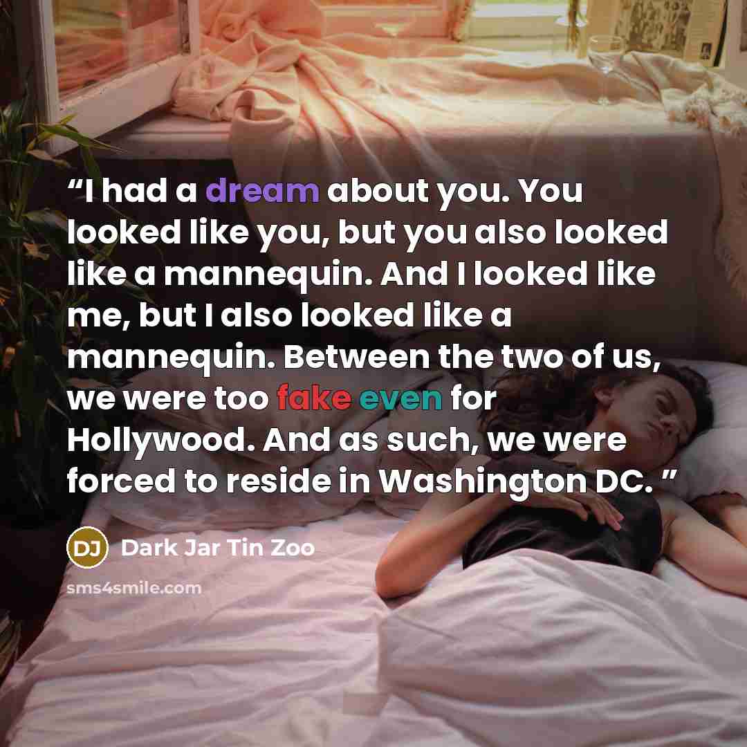 “I had a dream about you. You looked like you, but you also looked like a mannequin. And I looked like me, but I also looked like a mannequin. Between the two of us, we were too fake even for Hollywood. And as such, we were forced to reside in Washington DC.” quote by Dark Jar Tin Zoo