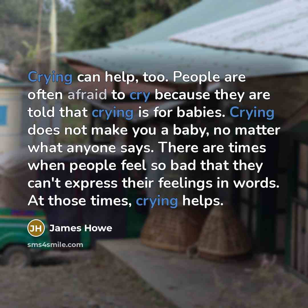 “Crying can help, too. People are often afraid to cry because they are told that crying is for babies. Crying does not make you a baby, no matter what anyone says. There are times when people feel so bad that they can't express their feelings in words. At those times, crying helps.” quote by James Howe