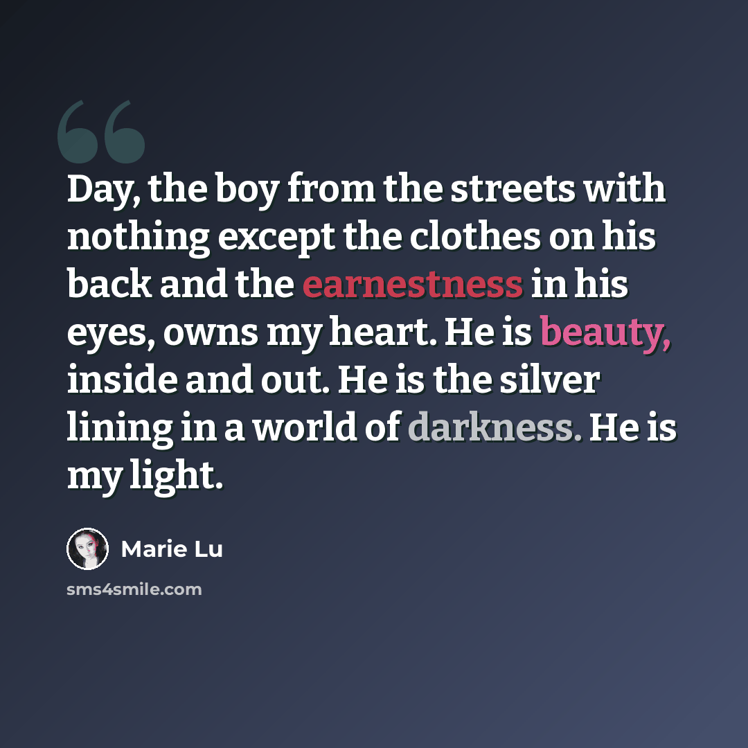 “Day, the boy from the streets with nothing except the clothes on his back and the earnestness in his eyes, owns my heart. He is beauty, inside and out. He is the silver lining in a world of darkness. He is my light.” quote by Marie Lu