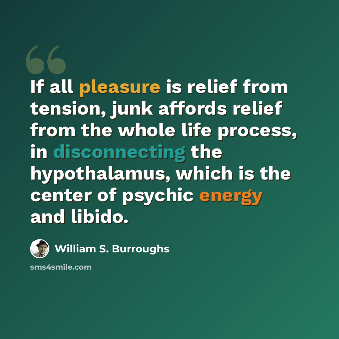 “If all pleasure is relief from tension, junk affords relief from the whole life process, in disconnecting the hypothalamus, which is the center of psychic energy and libido.” quote by William S. Burroughs