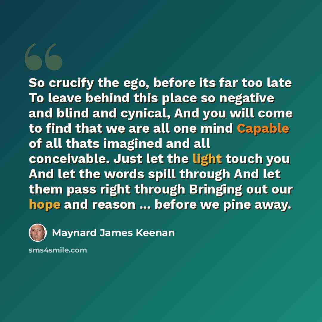 “So crucify the ego, before its far too late To leave behind this place so negative and blind and cynical, And you will come to find that we are all one mind Capable of all thats imagined and all conceivable. Just let the light touch you And let the words spill through And let them pass right…” quote by Maynard James Keenan