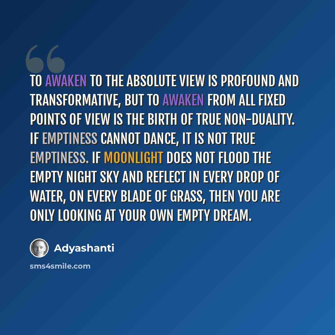 “To awaken to the absolute view is profound and transformative, but to awaken from all fixed points of view is the birth of true non-duality. If emptiness cannot dance, it is not true emptiness. If moonlight does not flood the empty night sky and reflect in every drop of water, on every blade of…” quote by Adyashanti