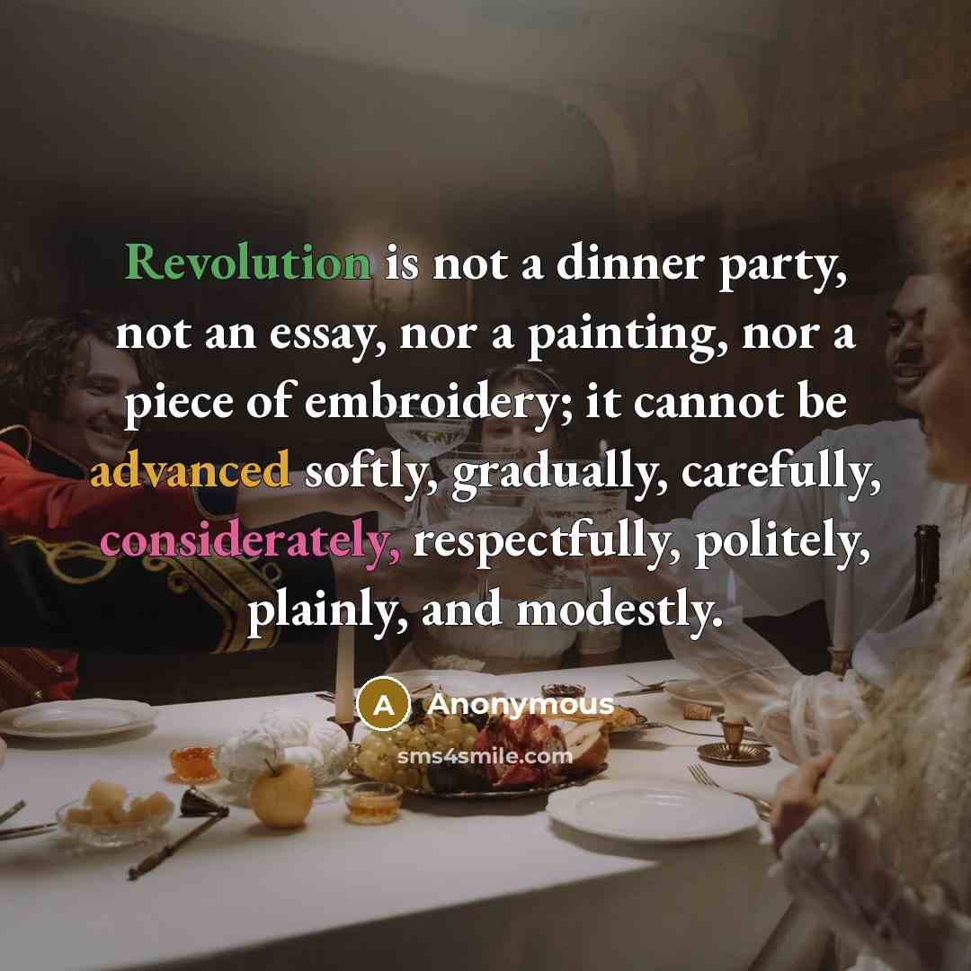 “Revolution is not a dinner party, not an essay, nor a painting, nor a piece of embroidery; it cannot be advanced softly, gradually, carefully, considerately, respectfully, politely, plainly, and modestly.” quote by Anonymous