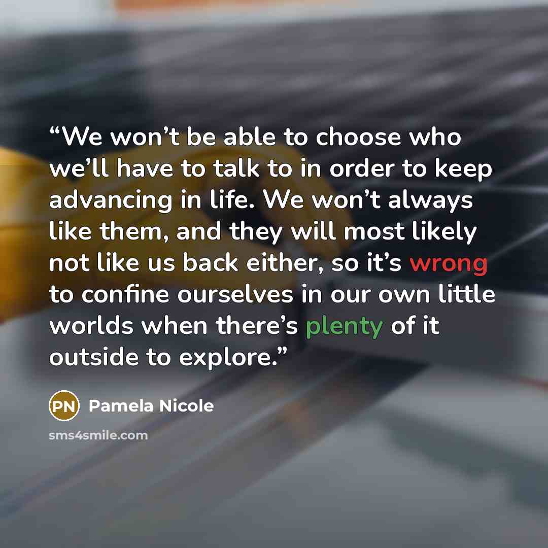 “We won’t be able to choose who we’ll have to talk to in order to keep advancing in life. We won’t always like them, and they will most likely not like us back either, so it’s wrong to confine ourselves in our own little worlds when there’s plenty of it outside to explore.” quote by Pamela Nicole