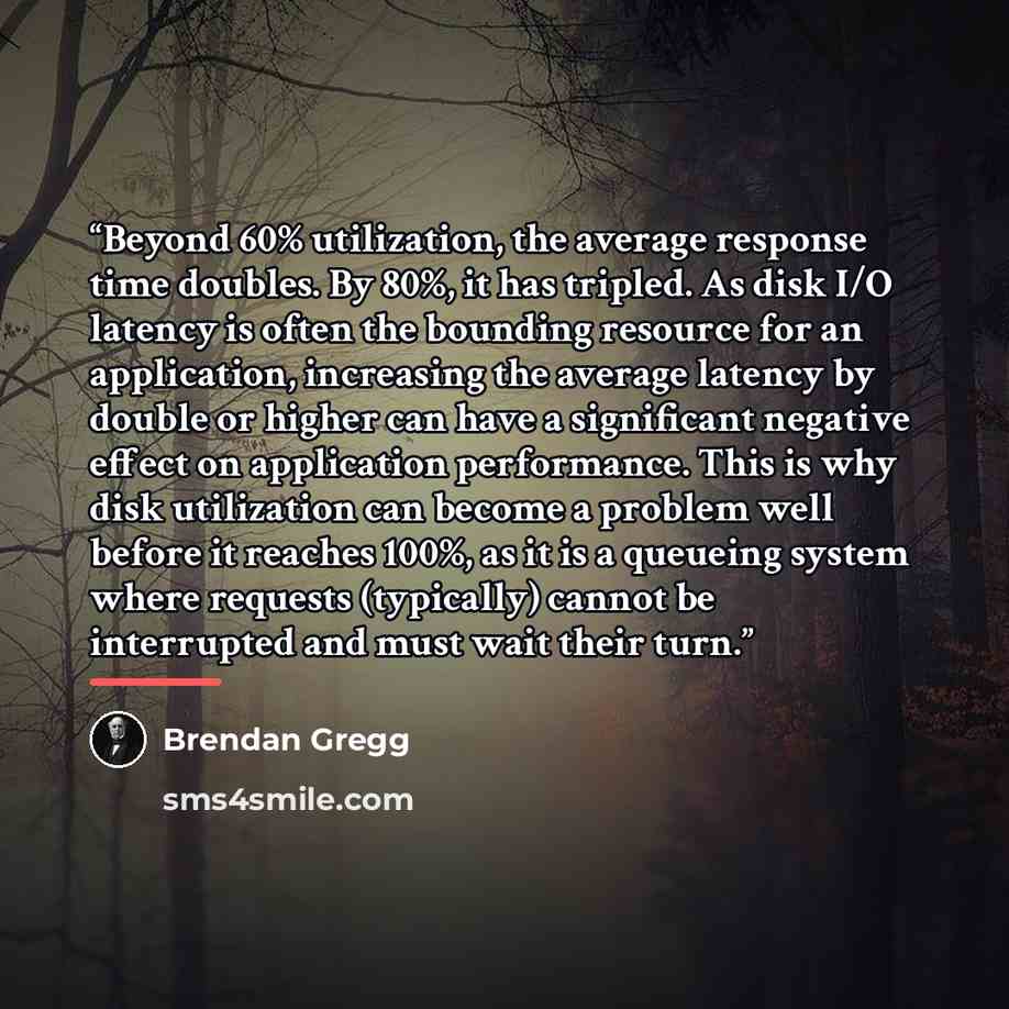 “Beyond 60% utilization, the average response time doubles. By 80%, it has tripled. As disk I/O latency is often the bounding resource for an application, increasing the average latency by double or higher can have a significant negative effect on application performance. This is why disk…” quote by Brendan Gregg