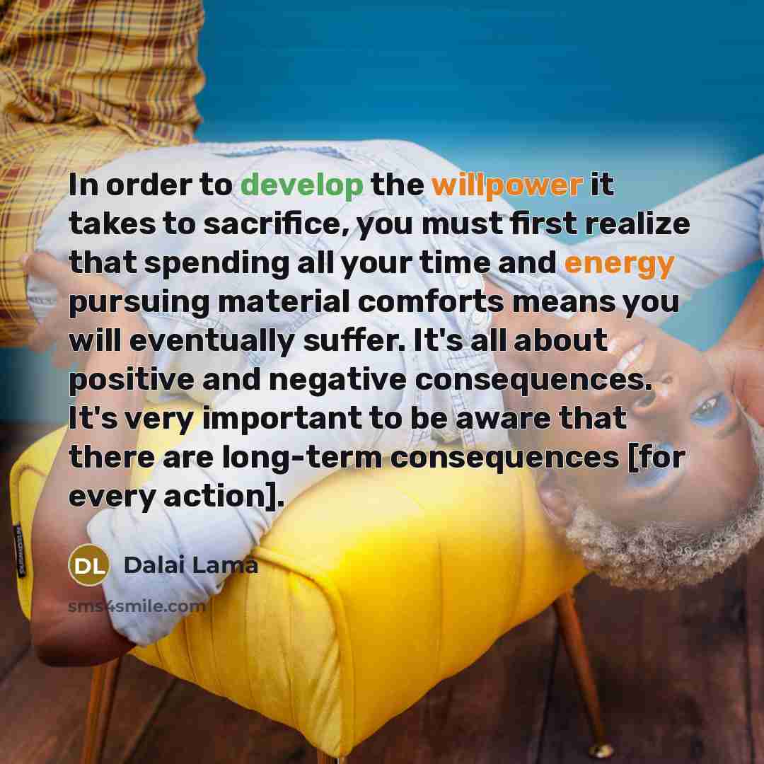 “In order to develop the willpower it takes to sacrifice, you must first realize that spending all your time and energy pursuing material comforts means you will eventually suffer. It's all about positive and negative consequences. It's very important to be aware that there are long-term…” quote by Dalai Lama