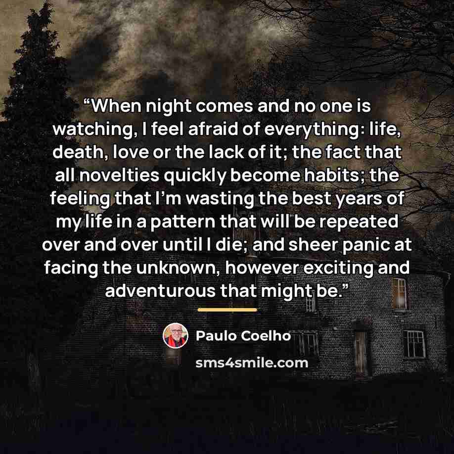 “When night comes and no one is watching, I feel afraid of everything: life, death, love or the lack of it; the fact that all novelties quickly become habits; the feeling that I'm wasting the best years of my life in a pattern that will be repeated over and over until I die; and sheer panic at…” quote by Paulo Coelho