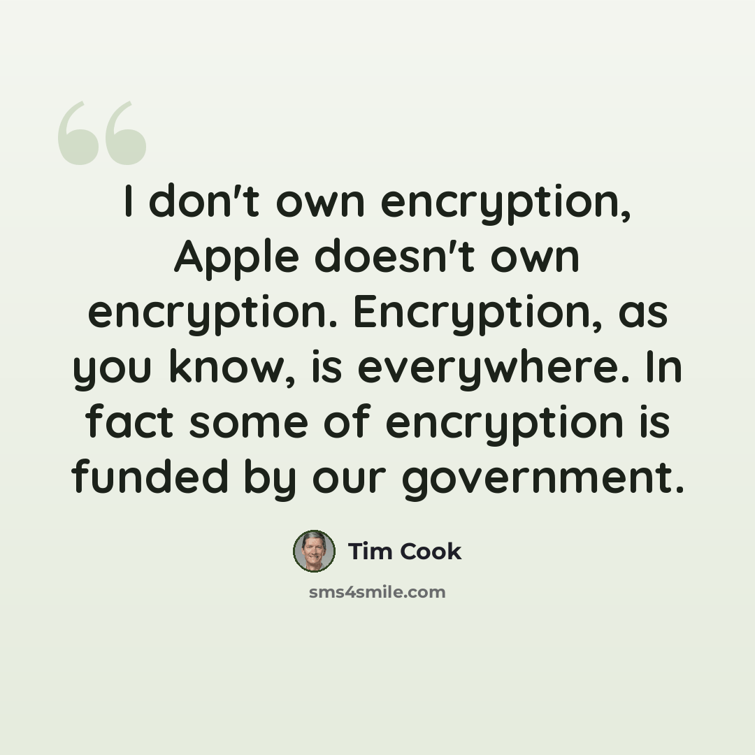 “I don't own encryption, Apple doesn't own encryption. Encryption, as you know, is everywhere. In fact some of encryption is funded by our government.” quote by Tim Cook