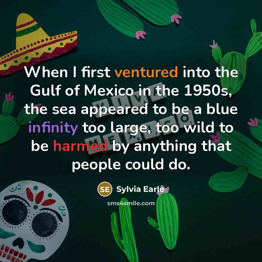 “When I first ventured into the Gulf of Mexico in the 1950s, the sea appeared to be a blue infinity too large, too wild to be harmed by anything that people could do.” quote by Sylvia Earle