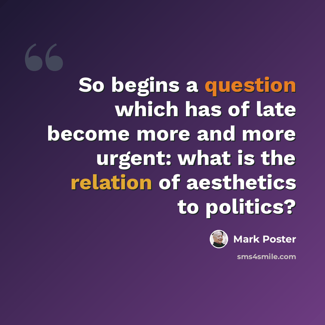 “So begins a question which has of late become more and more urgent: what is the relation of aesthetics to politics?” quote by Mark Poster