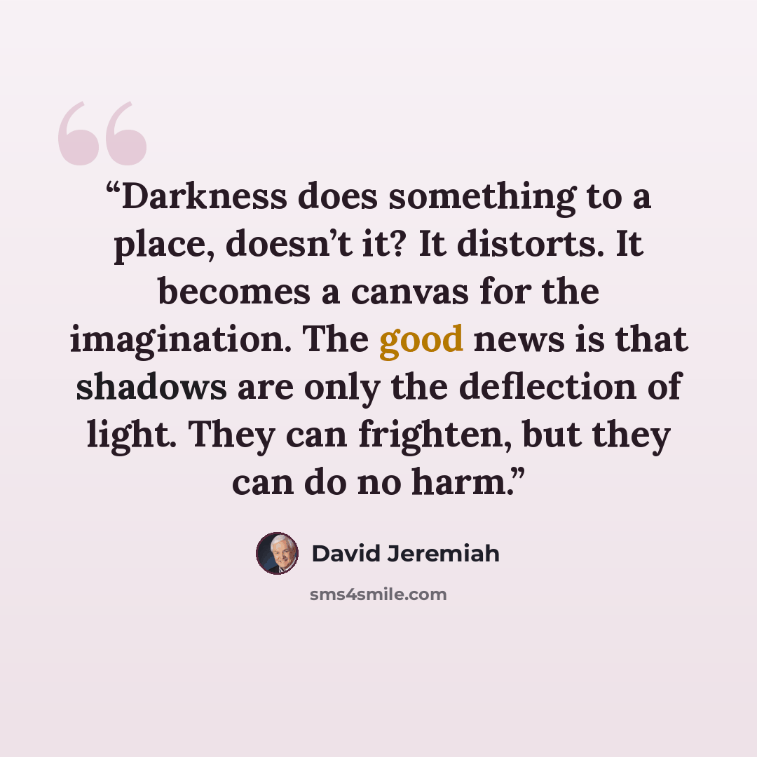 “Darkness does something to a place, doesn’t it? It distorts. It becomes a canvas for the imagination. The good news is that shadows are only the deflection of light. They can frighten, but they can do no harm.” quote by David Jeremiah