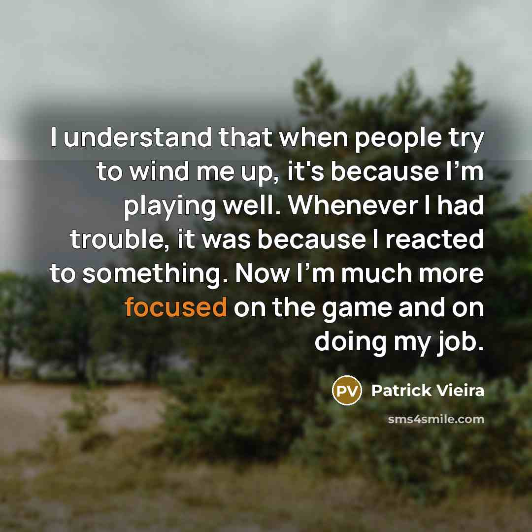 “I understand that when people try to wind me up, it's because I'm playing well. Whenever I had trouble, it was because I reacted to something. Now I'm much more focused on the game and on doing my job.” quote by Patrick Vieira