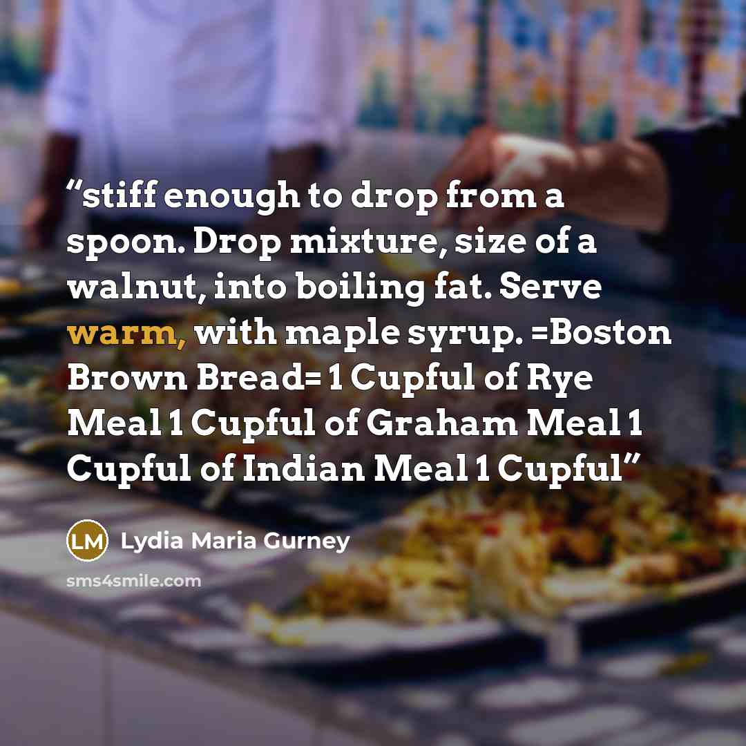 “stiff enough to drop from a spoon. Drop mixture, size of a walnut, into boiling fat. Serve warm, with maple syrup. =Boston Brown Bread= 1 Cupful of Rye Meal 1 Cupful of Graham Meal 1 Cupful of Indian Meal 1 Cupful” quote by Lydia Maria Gurney