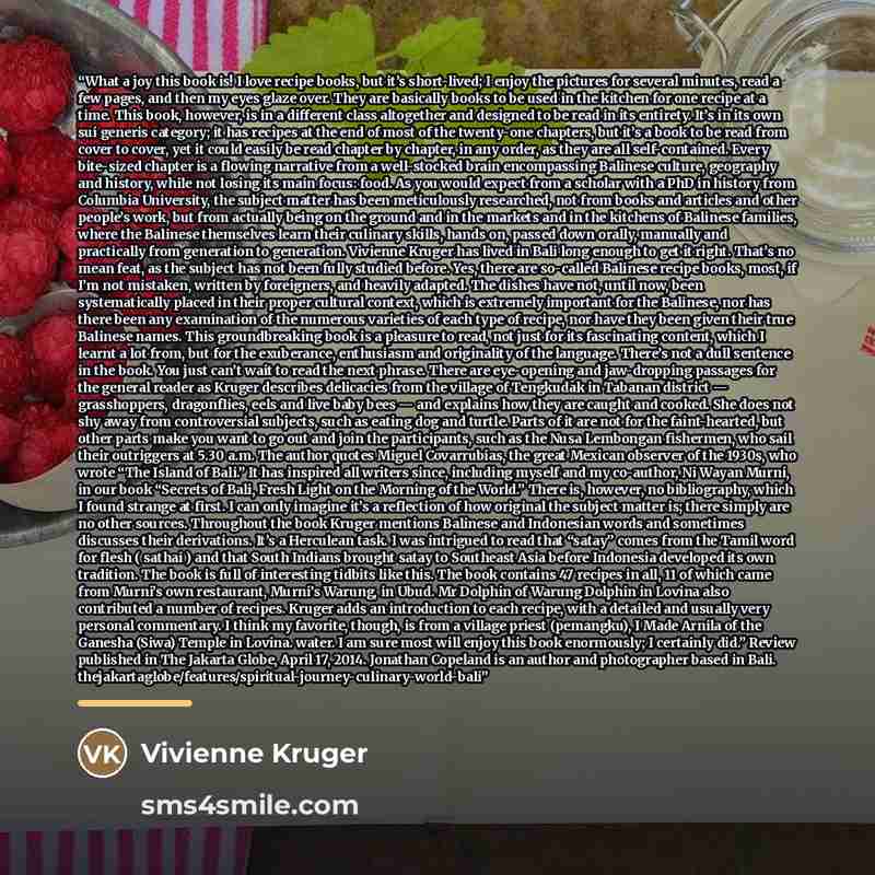 “What a joy this book is! I love recipe books, but it’s short-lived; I enjoy the pictures for several minutes, read a few pages, and then my eyes glaze over. They are basically books to be used in the kitchen for one recipe at a time. This book, however, is in a different class altogether and…” quote by Anonymous