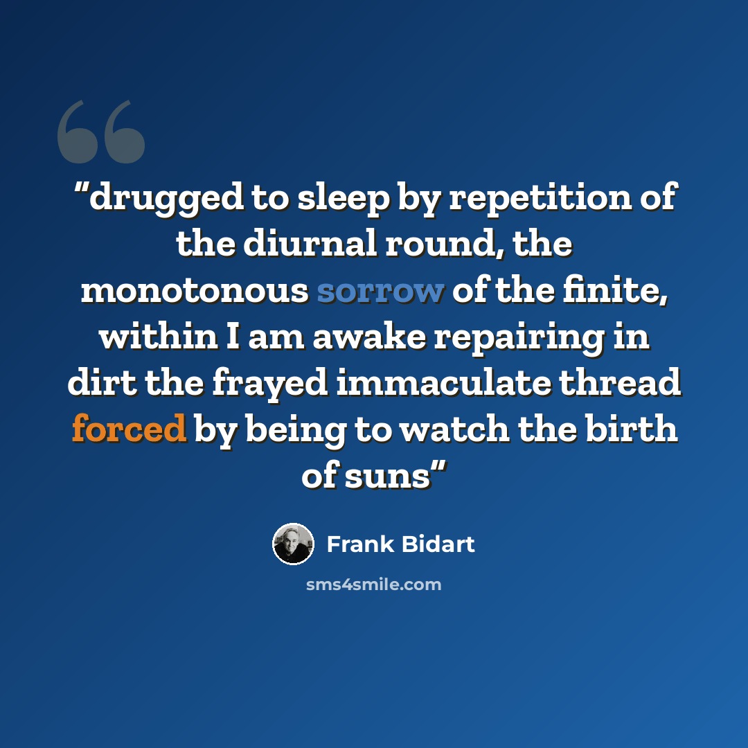“drugged to sleep by repetition of the diurnal round, the monotonous sorrow of the finite, within I am awake repairing in dirt the frayed immaculate thread forced by being to watch the birth of suns” quote by Frank Bidart