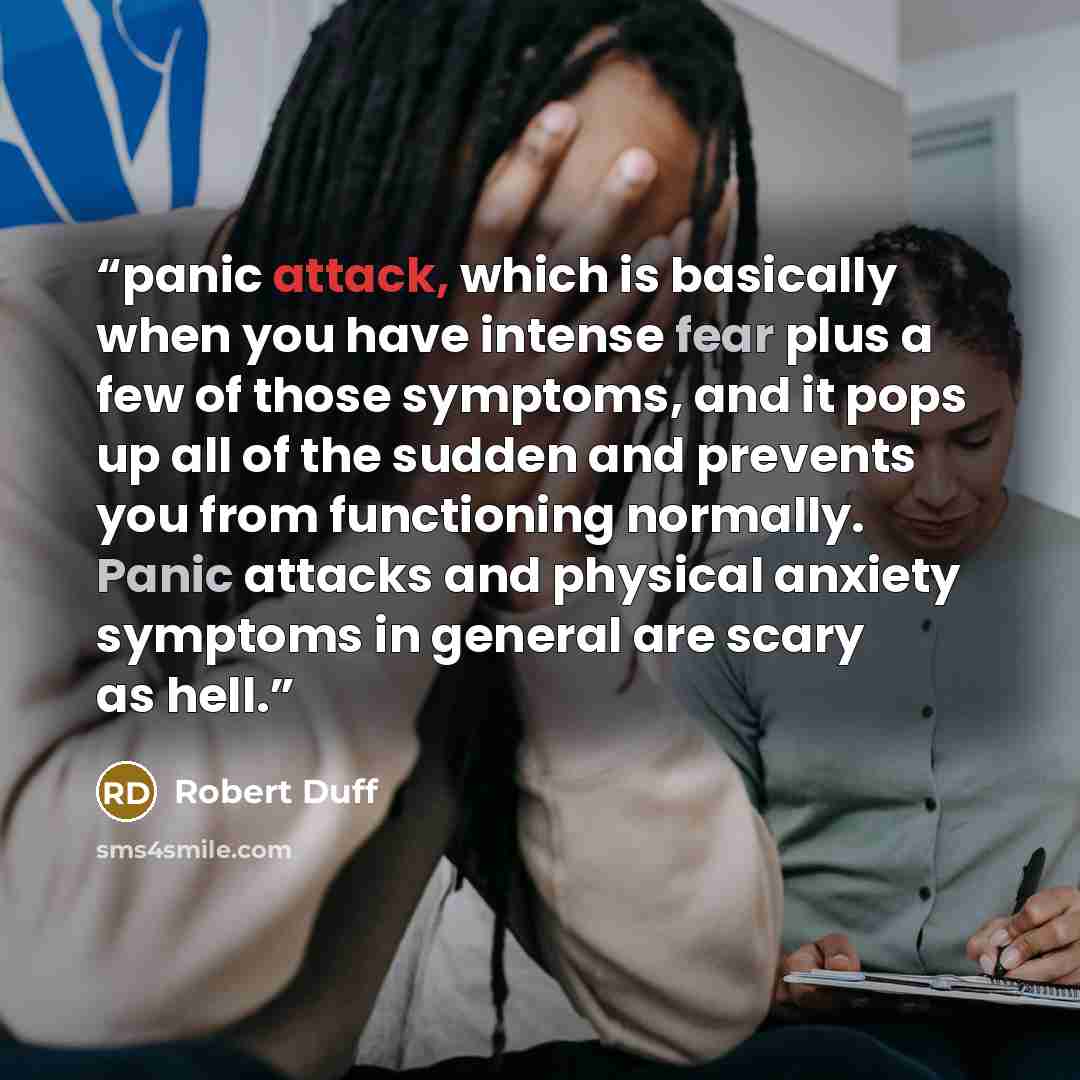 “panic attack, which is basically when you have intense fear plus a few of those symptoms, and it pops up all of the sudden and prevents you from functioning normally. Panic attacks and physical anxiety symptoms in general are scary as hell.” quote by Robert Duff