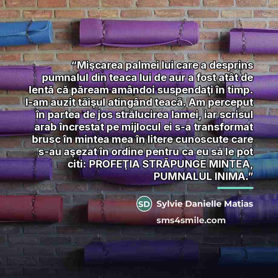 “Mişcarea palmei lui care a desprins pumnalul din teaca lui de aur a fost atât de lentă că păream amândoi suspendaţi în timp. I-am auzit tăişul atingând teacă. Am perceput în partea de jos strălucirea lamei, iar scrisul arab încrestat pe mijlocul ei s-a transformat brusc în mintea mea în litere…” quote by Sylvie Danielle Matias