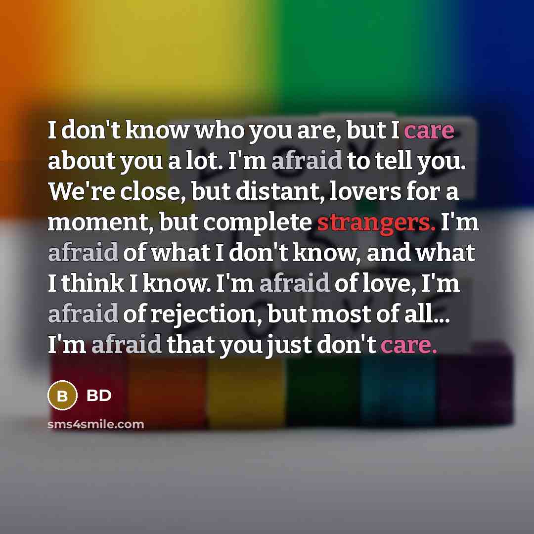 “I don't know who you are, but I care about you a lot. I'm afraid to tell you. We're close, but distant, lovers for a moment, but complete strangers. I'm afraid of what I don't know, and what I think I know. I'm afraid of love, I'm afraid of rejection, but most of all... I'm afraid that you just…” quote by BD