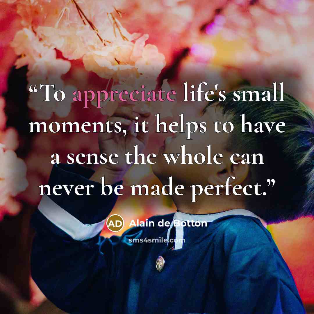 “To appreciate life's small moments, it helps to have a sense the whole can never be made perfect.” quote by Alain de Botton