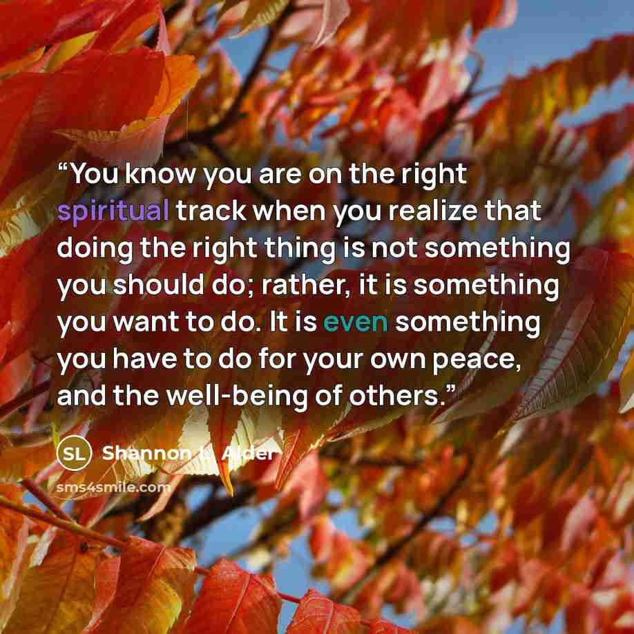 “You know you are on the right spiritual track when you realize that doing the right thing is not something you should do; rather, it is something you want to do. It is even something you have to do for your own peace, and the well-being of others.” quote by Shannon L. Alder
