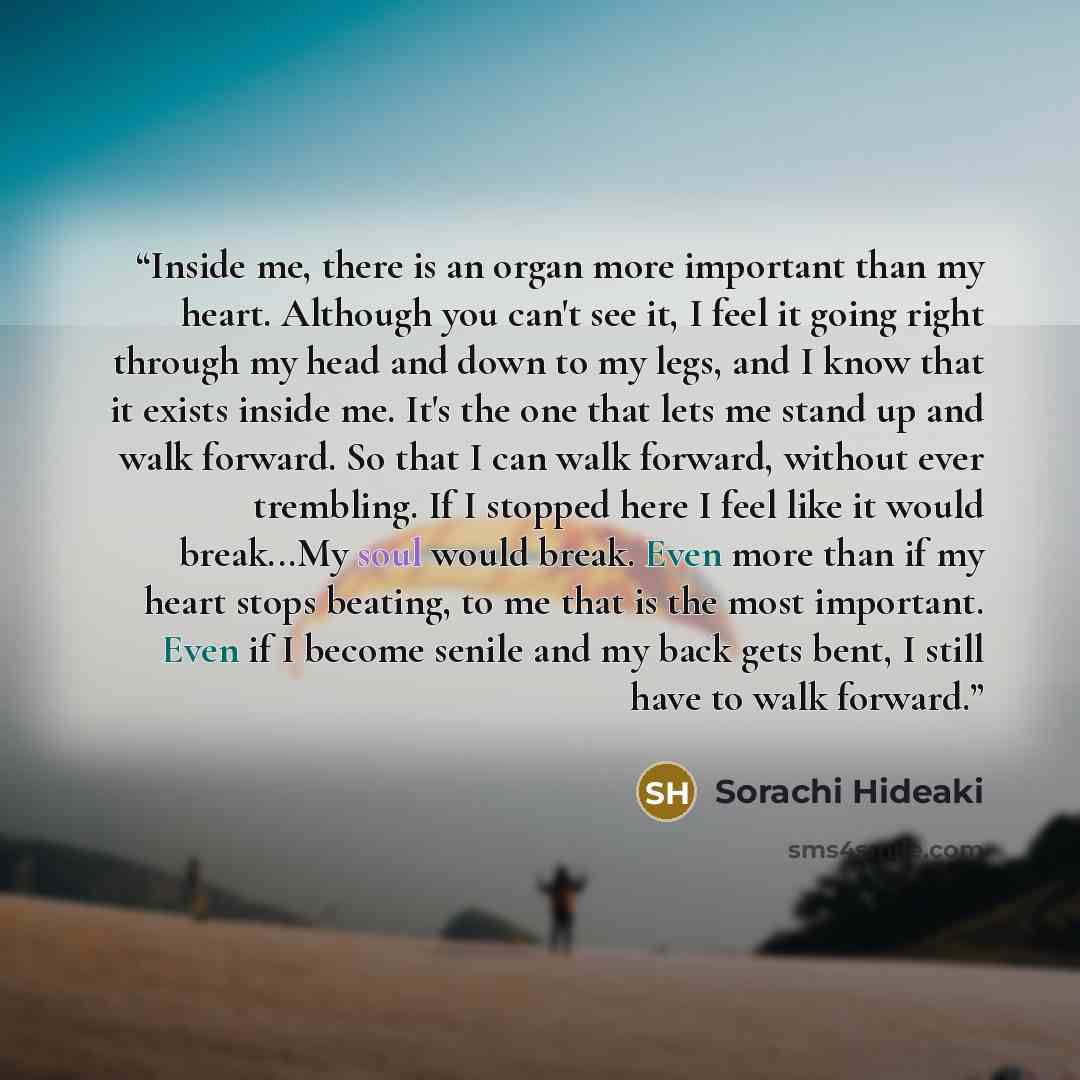 “Inside me, there is an organ more important than my heart. Although you can't see it, I feel it going right through my head and down to my legs, and I know that it exists inside me. It's the one that lets me stand up and walk forward. So that I can walk forward, without ever trembling. If I…” quote by Sorachi Hideaki