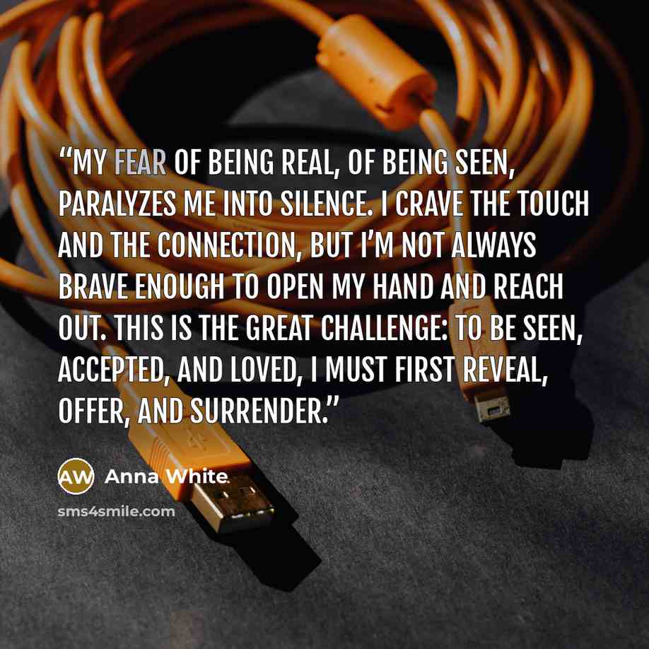 “My fear of being real, of being seen, paralyzes me into silence. I crave the touch and the connection, but I’m not always brave enough to open my hand and reach out. This is the great challenge: to be seen, accepted, and loved, I must first reveal, offer, and surrender.” quote by Anna White