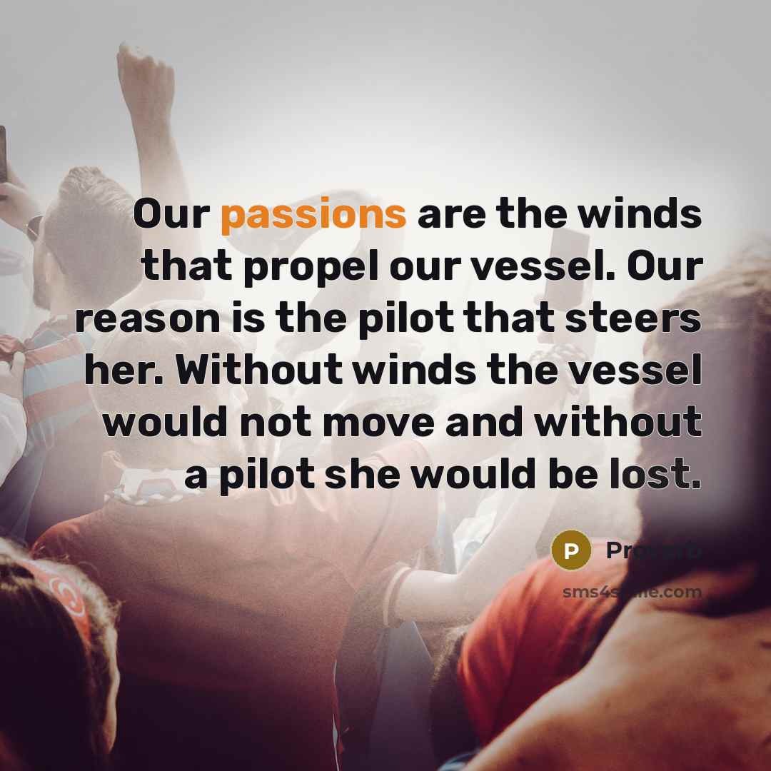 “Our passions are the winds that propel our vessel. Our reason is the pilot that steers her. Without winds the vessel would not move and without a pilot she would be lost.” quote by Proverb