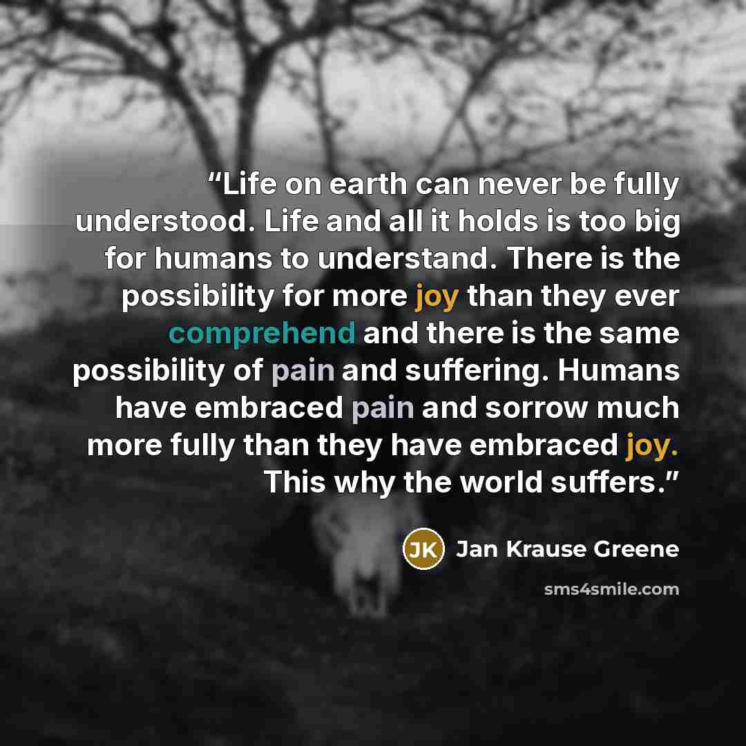“Life on earth can never be fully understood. Life and all it holds is too big for humans to understand. There is the possibility for more joy than they ever comprehend and there is the same possibility of pain and suffering. Humans have embraced pain and sorrow much more fully than they have…” quote by Jan Krause Greene