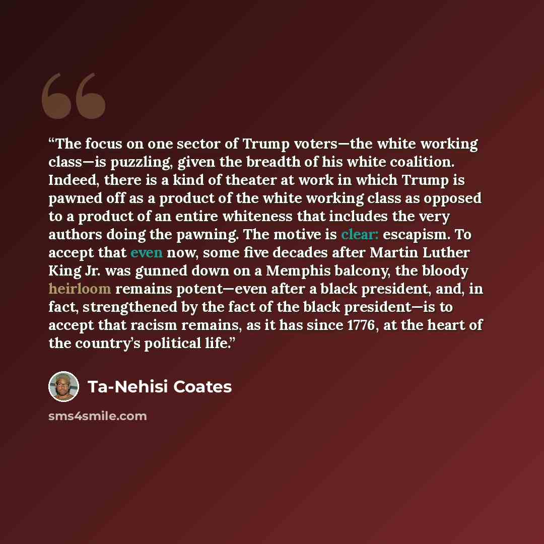 “The focus on one sector of Trump voters—the white working class—is puzzling, given the breadth of his white coalition. Indeed, there is a kind of theater at work in which Trump is pawned off as a product of the white working class as opposed to a product of an entire whiteness that includes the…” quote by Ta-Nehisi Coates