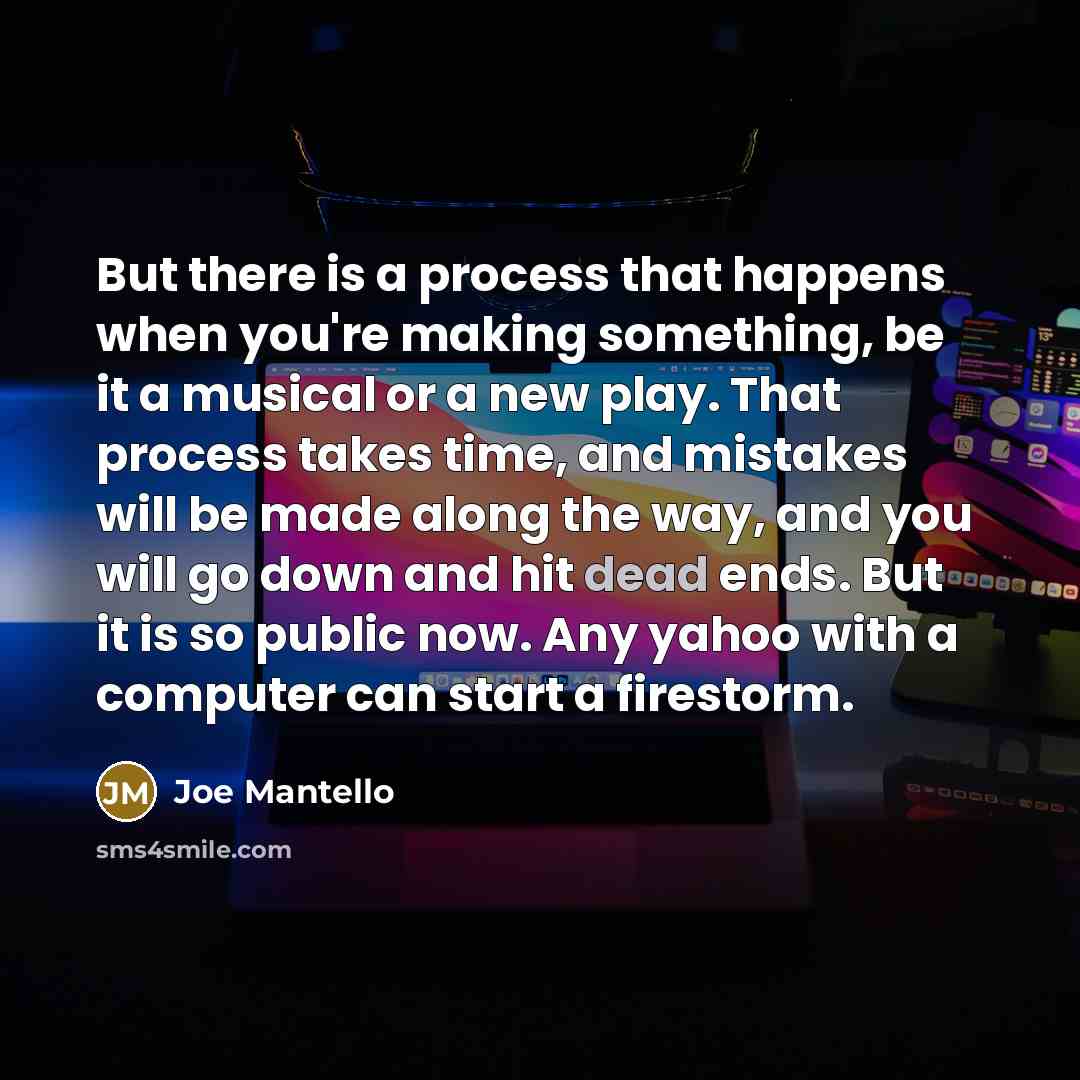 “But there is a process that happens when you're making something, be it a musical or a new play. That process takes time, and mistakes will be made along the way, and you will go down and hit dead ends. But it is so public now. Any yahoo with a computer can start a firestorm.” quote by Joe Mantello