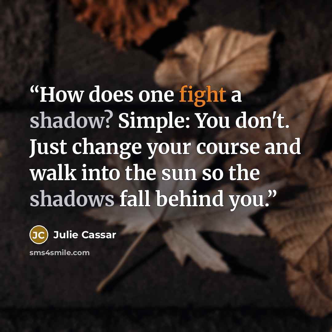 “How does one fight a shadow? Simple: You don't. Just change your course and walk into the sun so the shadows fall behind you.” quote by Julie Cassar