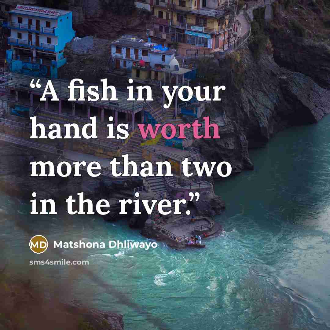 “A fish in your hand is worth more than two in the river.” quote by Matshona Dhliwayo