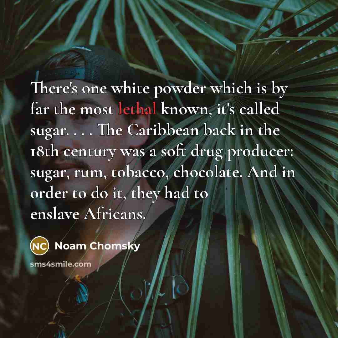 “There's one white powder which is by far the most lethal known, it's called sugar. . . . The Caribbean back in the 18th century was a soft drug producer: sugar, rum, tobacco, chocolate. And in order to do it, they had to enslave Africans.” quote by Noam Chomsky