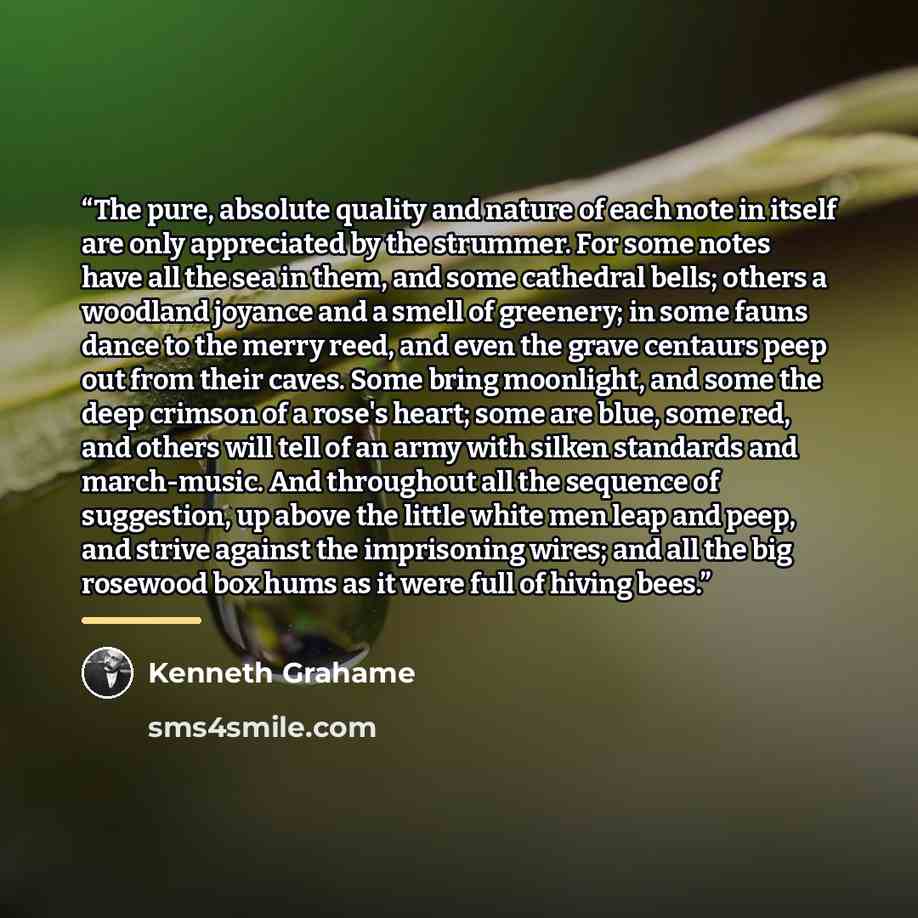 “The pure, absolute quality and nature of each note in itself are only appreciated by the strummer. For some notes have all the sea in them, and some cathedral bells; others a woodland joyance and a smell of greenery; in some fauns dance to the merry reed, and even the grave centaurs peep out from…” quote by Kenneth Grahame